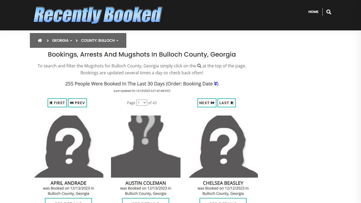 Recent bookings, Arrests, Mugshots in Bulloch County, Georgia